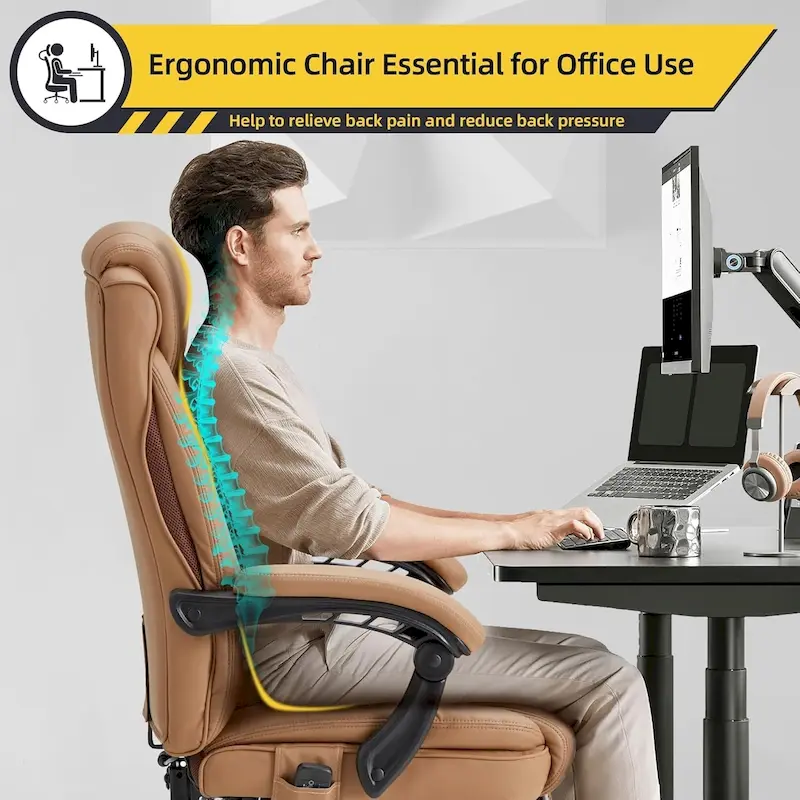 Ergonomic Heated Executive Office Chair, 2/4/6-Point Massage, Retractable Footrest, PU Leather