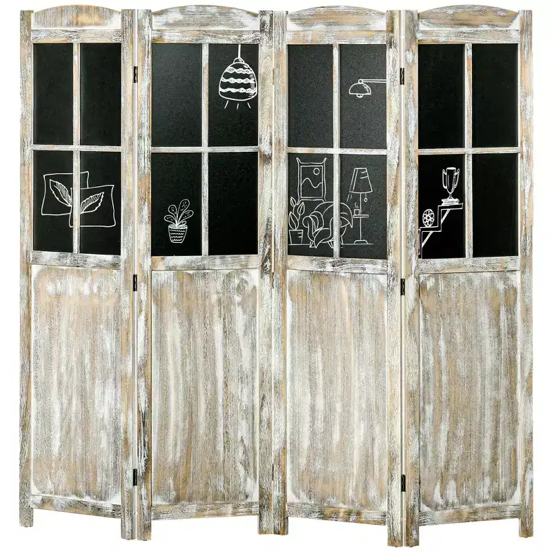 HOMCOM 5.6' Tall Wood 4 Panel Farmhouse Style Folding Room Divider Privacy Screens, Natural