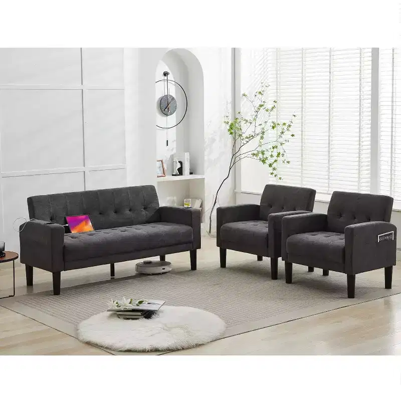 TYBOATLE 3-Piece Sofa Couch, Modern Linen Upholstered Sofa, 2-Piece Set (Loveseat & Chair) Sofa with Deep Seats for Living Room,Dark Gray