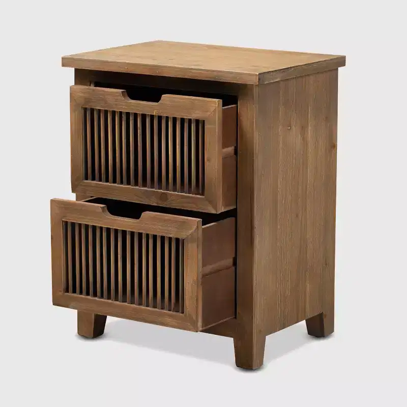 Baxton Studio Clement 2 Drawer Wood Spindle Nightstand Brown: Modern Bedside Table, Fir & MDF Frame, No Assembly Required