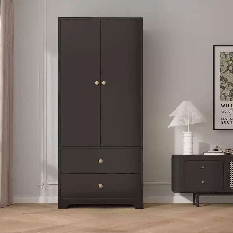 71 Inch Modern Wooden Bedroom Armoire Wardrobe Closet with 2 Doors 2 Drawers Adjustable Shelves Clothing Storage Cabinet and Hanging Rod