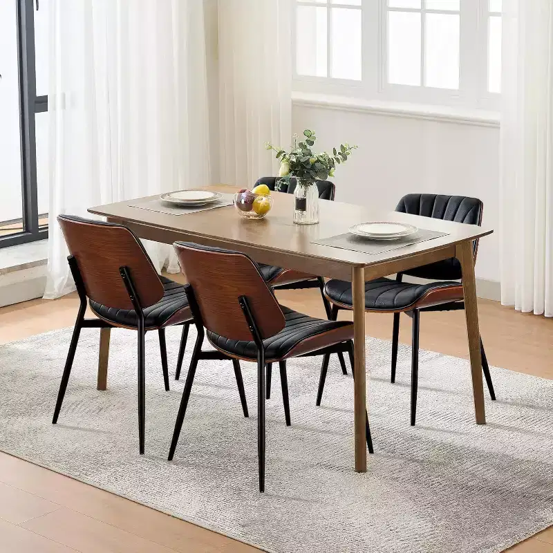 Mid-Century Modern Dining Chairs Set of 2 with PU Leather Upholstery  Walnut Bentwood Back & Adjustable Feet