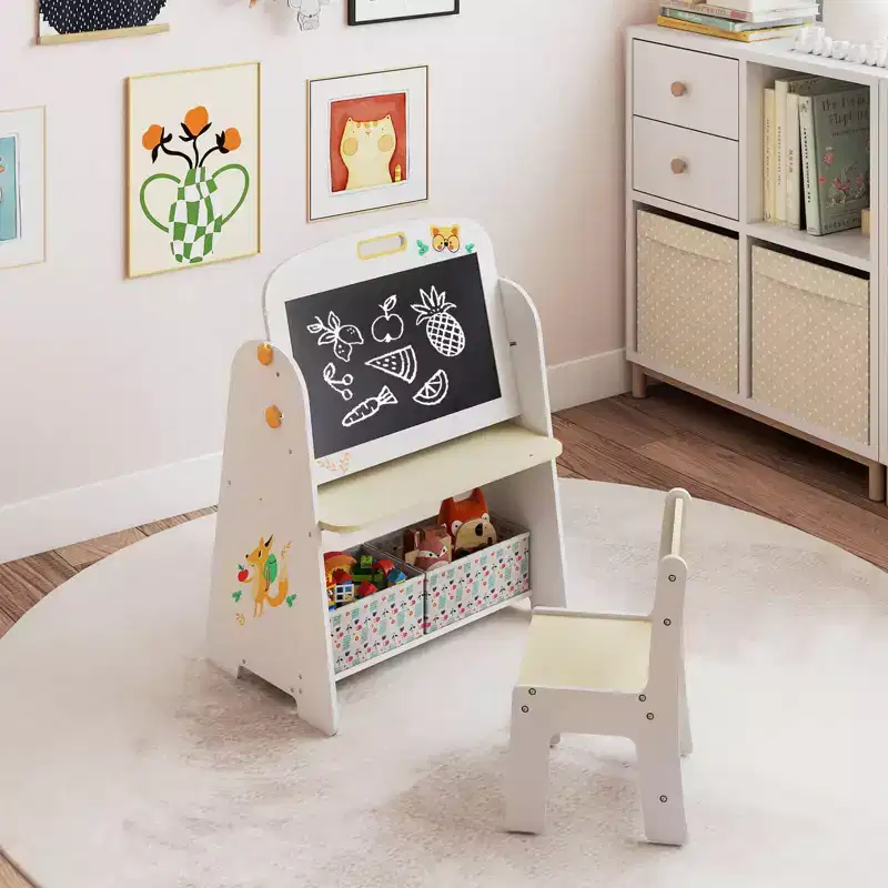 Costway 4-in-1 Kids Table & Chair Set with Magnetic Whiteboard & Blackboard Storage Shelf Natural/Gray
