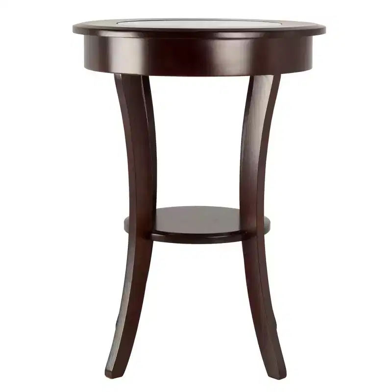 Round Accent Table with Glass - Cappuccino: Flared Legs, Wood Composite Shelf, 27