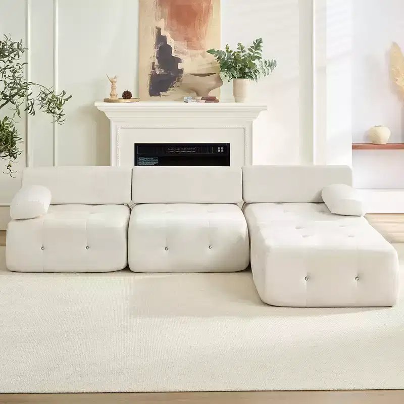 Mjkone L-Shaped Velvet 3-Seater Modular Sectional Sofa With Ottoman, Convertible Sofa Couches with Rivet Trim