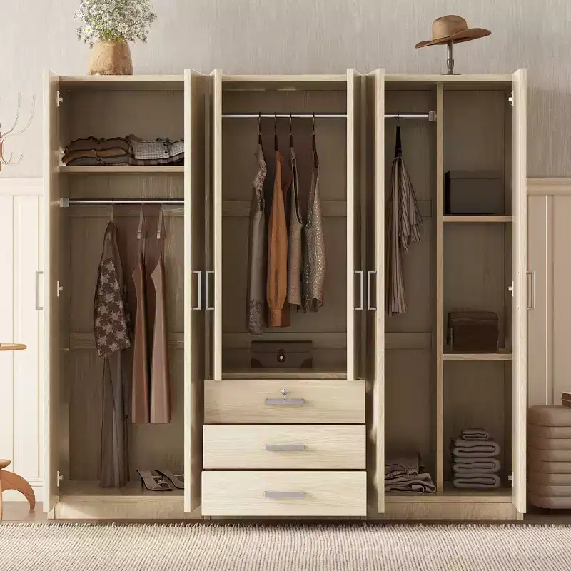 Whisen 6-Doors Wooden Wardrobe Storage for Bedroom, with Big Drawers