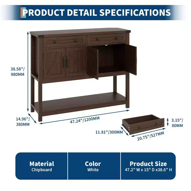 Modern Farmhouse Sideboard, 47 Buffet Sideboard Cabinet with Storage and 2 Drawers, Coffee Bar Console Table with Shelf