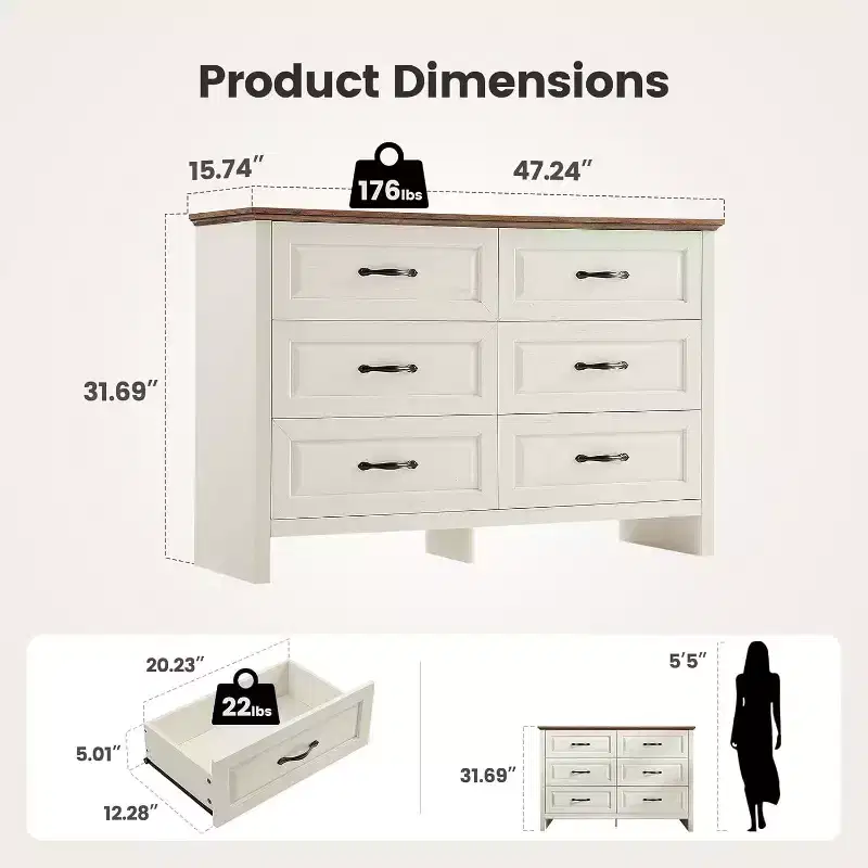 6 Drawer Dresser for Bedroom, 47.2 In with Natural Texture, Large Drawers, Rustic Farmhouse Chest of Drawers for Bedroom, Living Room, Hallway