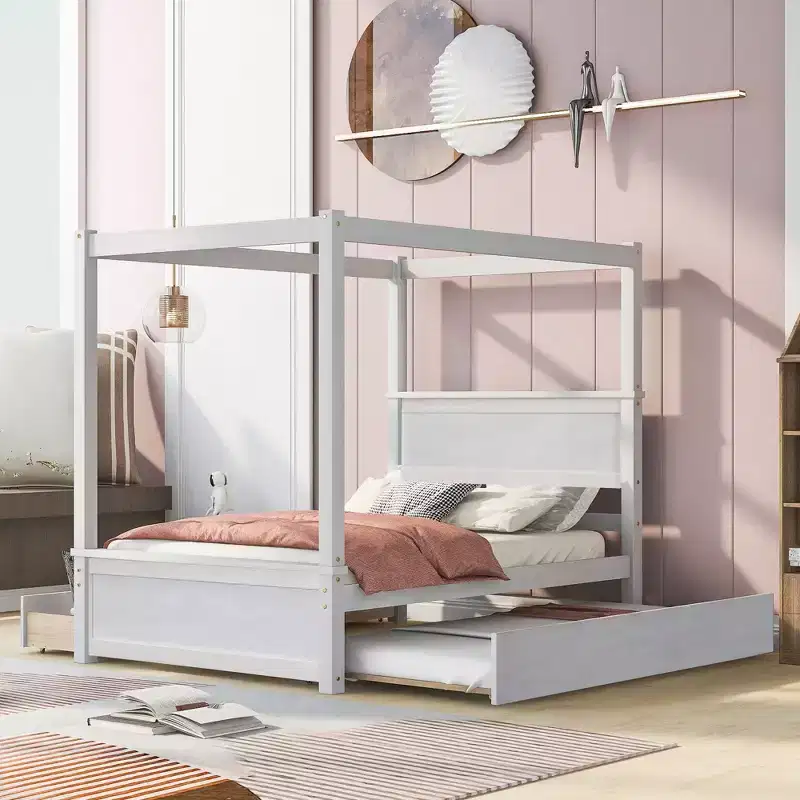 Full Size Canopy Bed Frame with Trundle and 2 Storage Drawers, Wood Full Platform Bed with Headboard, White