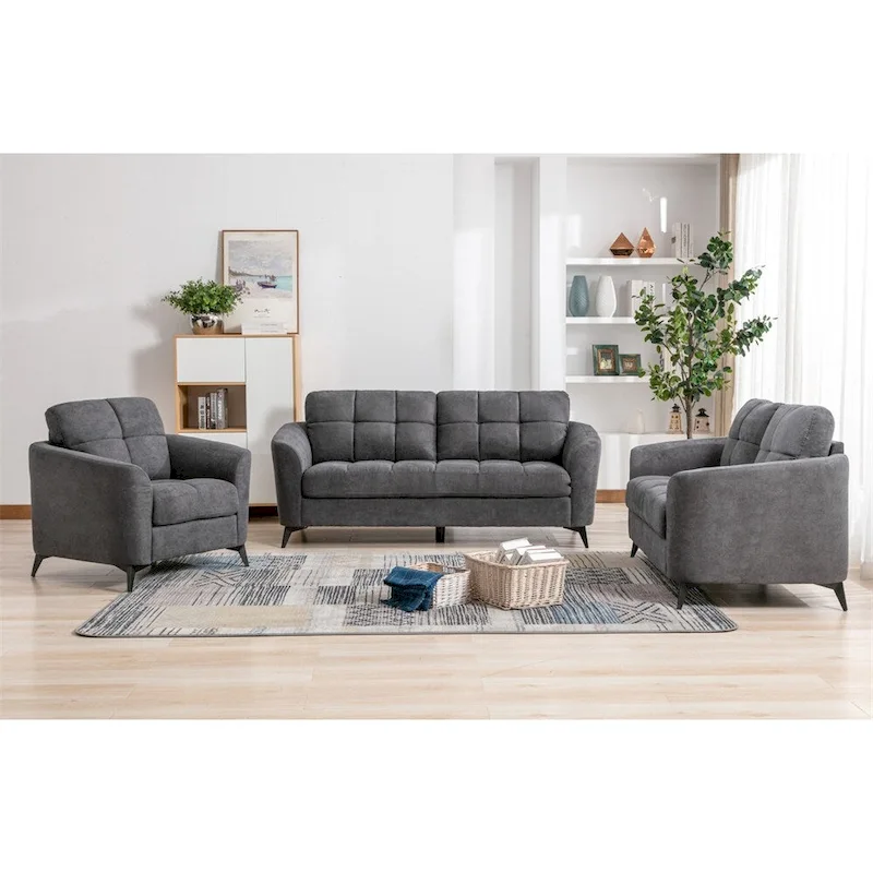 Grey Velvet Tufted 3-Piece Sofa Set (Sofa + Loveseat + Chair)