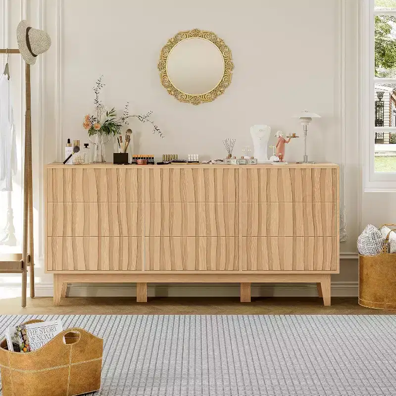 Fluted Dresser for Bedroom with 9 Drawers for Bedroom, Modern Fluted Chest of Drawers, Freestanding Wooden Storage Cabinet, TV Stand for Home Office