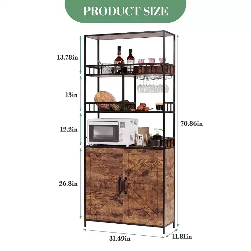 Freestanding Kitchen Bakers Rack, 70.8 Tall Wine Bar Cabinet with Glasses Holder, 4 Tier Coffee Bar Cabinet, Standing Microwave Stand for Apartment