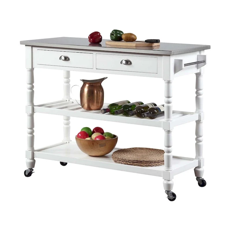 French Country 3 Tier Stainless Steel Kitchen Cart with Drawers