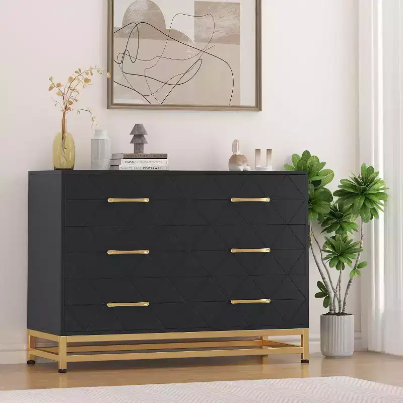 6 Drawer Dresser for Bedroom, Wooden Double Dresser with Gold Handles, Modern Chest Dresser with Deep Drawers for Living Room, Hallway