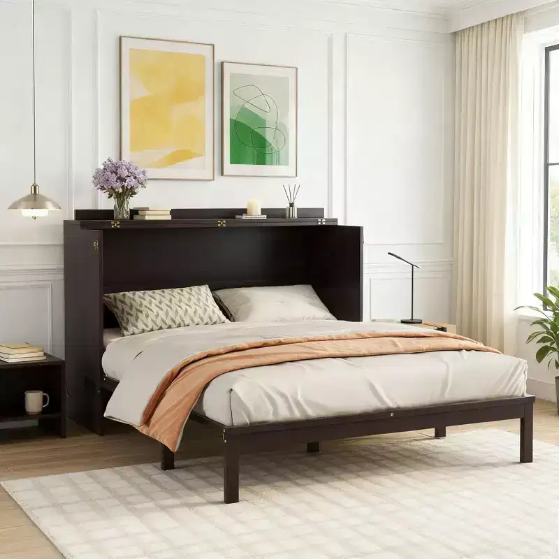 Luxystar Queen Size Murphy Bed with Large Drawer, Power Station and Rattan Panel for Livingroom and Small Apartments