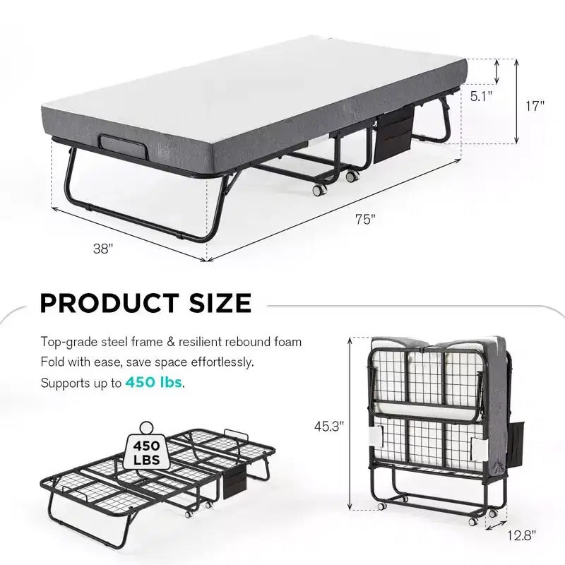 38 Inch Folding Bed with Mattress Included, Daybed for Guests