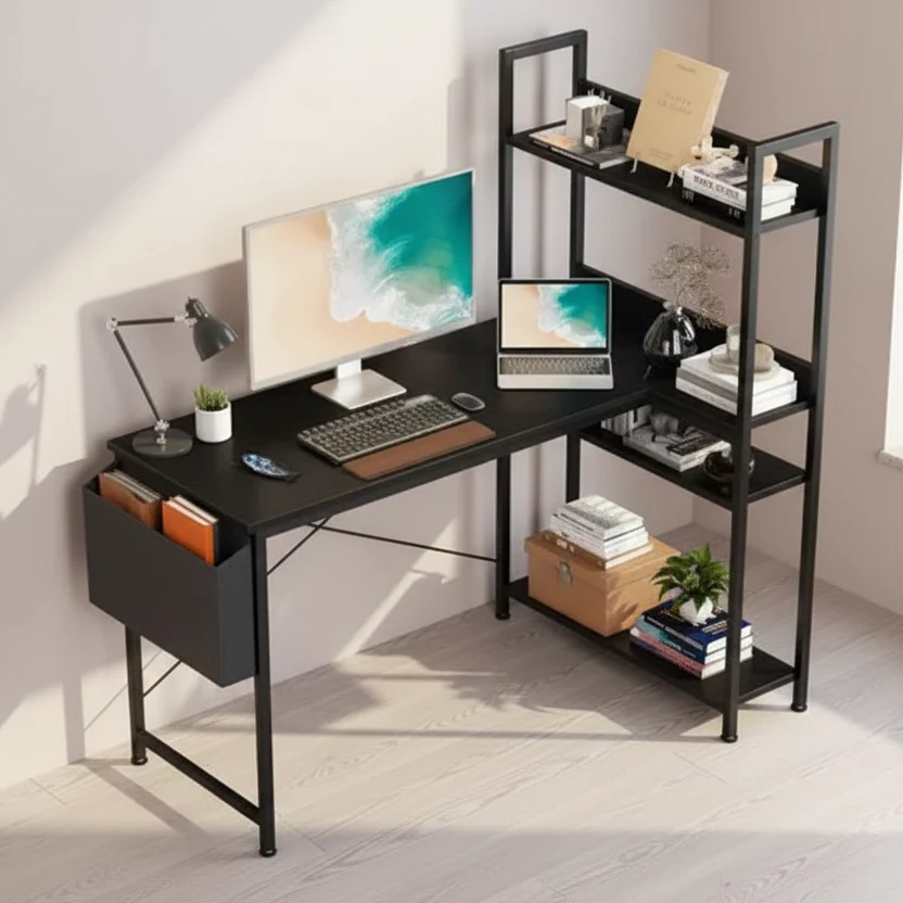 Reversible L-Shaped Computer Desk with Adjustable Bookshelf and Storage