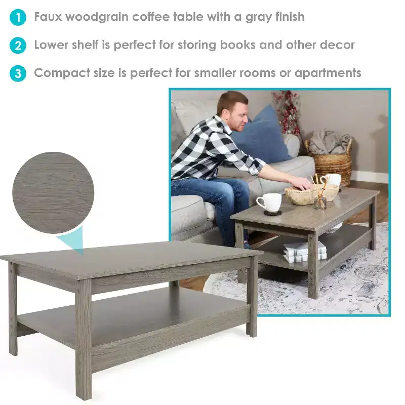 Sunnydaze MDF Indoor Coffee Table with Lower Shelf - 16 H - Thunder Gray