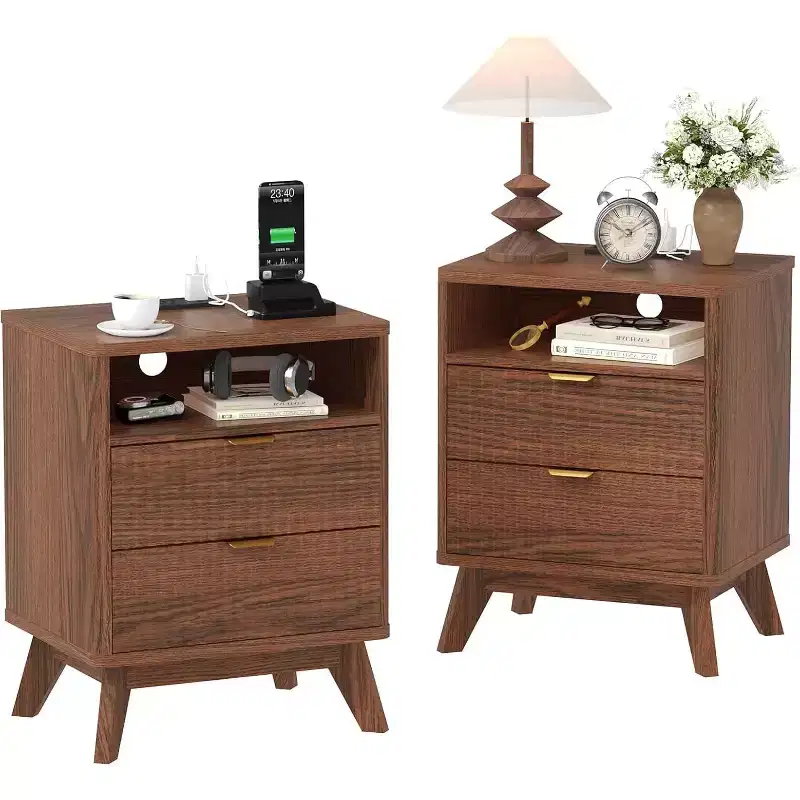 Modern Fluted Nightstand, Wood Bedside Table with USB Ports and Outlets, 2 Drawers and Open Shelf, Accent End Table