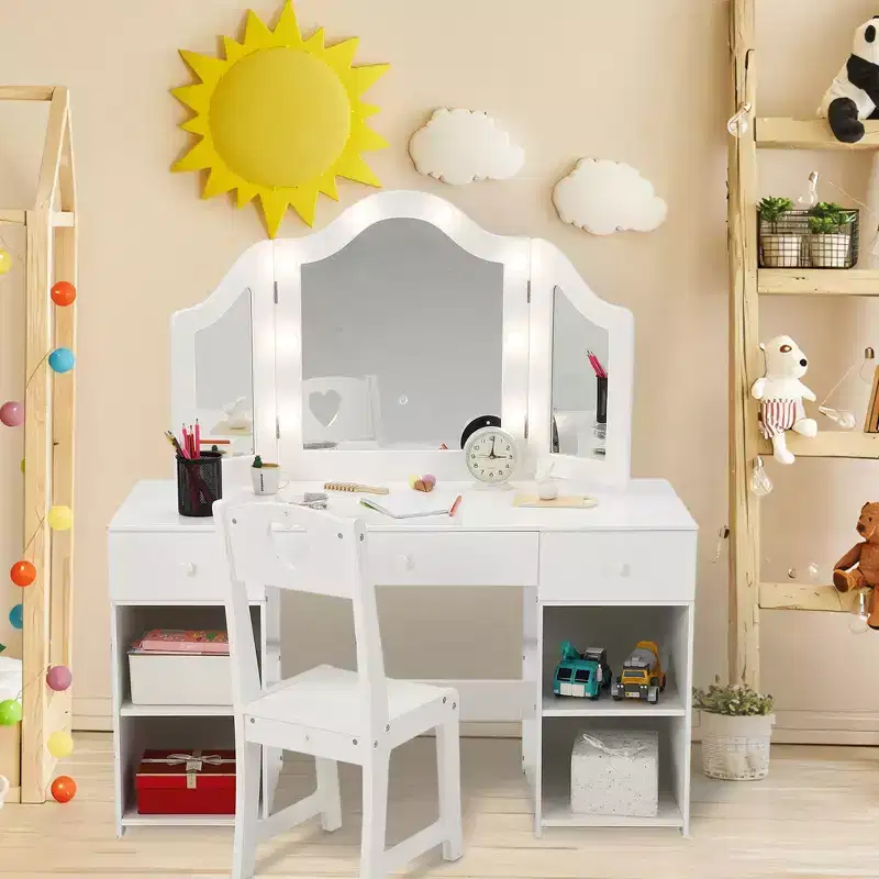 Kids Vanity with Lights, Princess Makeup Vanity Desk with Storage Cabinet & Touch Light Detachable Tri-Folding Mirror, Toddler Vanity Table, White