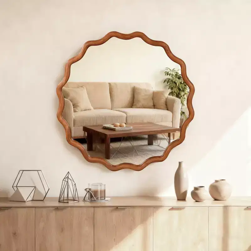 MAYEERTY 30 inched Wood Frame Wavy Round Decorative Mirror for Bedroom Bathroom Living Room Entryway Brown