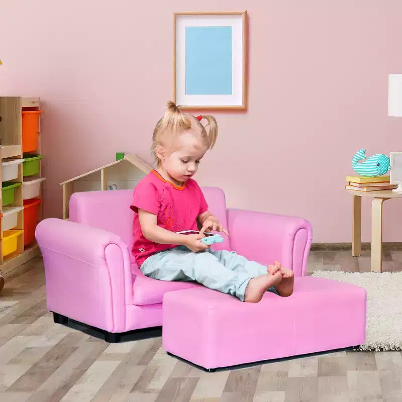 Pink Kids Sofa Armrest Chair Couch Lounge with Ottoman