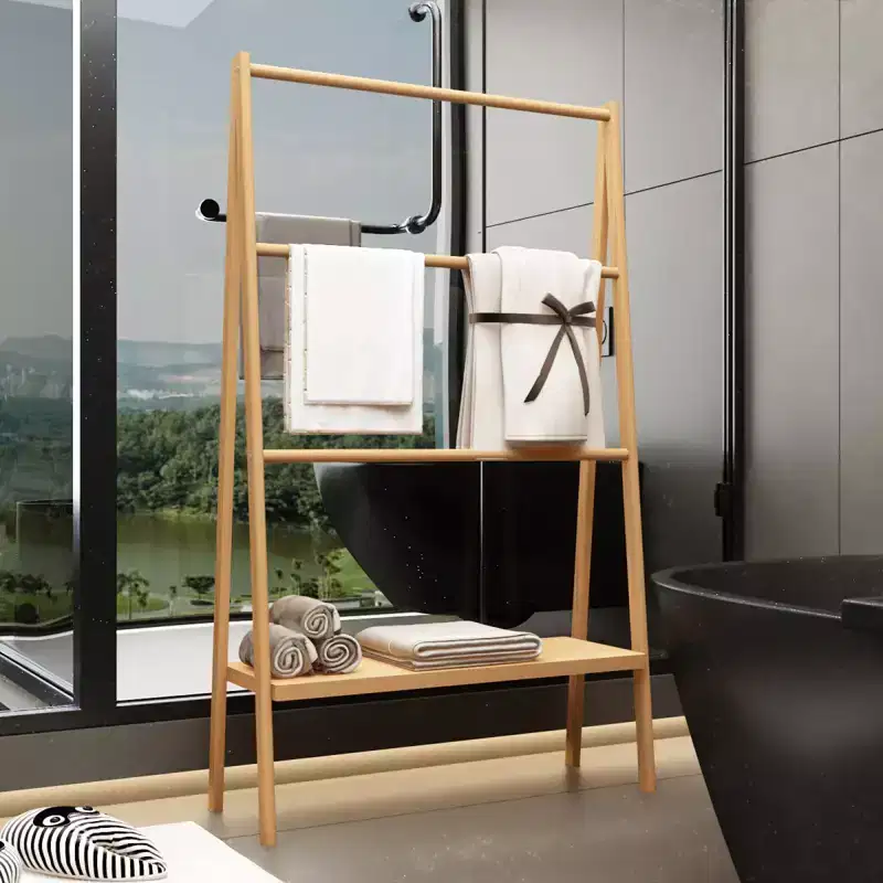 Bamboo Ladder Towel Rack with Storage Shelf, Freestanding Drying Stand for Bathroom & Bedroom