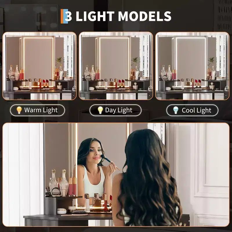 Corner Dressing Table with LED Light Mirror, 3 Lighting Modes, Stool, Cabinet and Power Outlet, Modern Dressing Table for Bedroom, Makeup Studio
