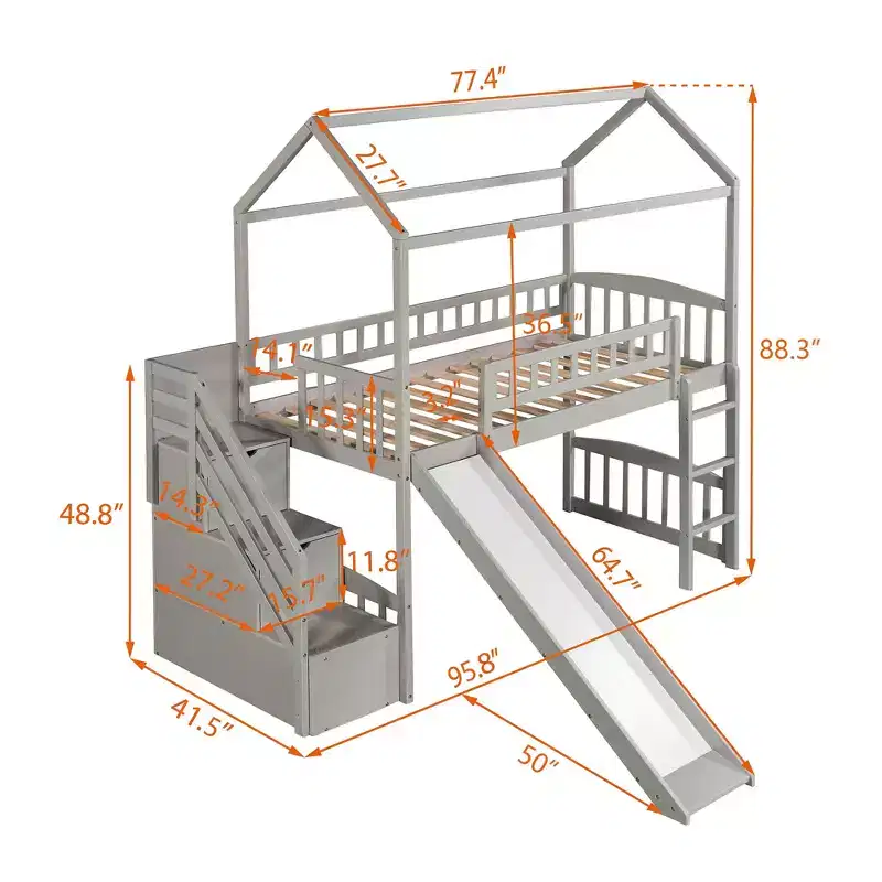 Kids Playhouse Loft Bed with Slide and Storage Drawers, Twin Size Low Height Wooden Bed for Children