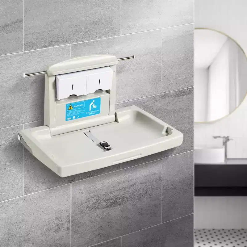 VEVOR Wall-Mounted Baby Changing Station, Horizontal Foldable Diaper Change Table with Safety Straps and Hanging Rods, Use in Commercial Bathrooms