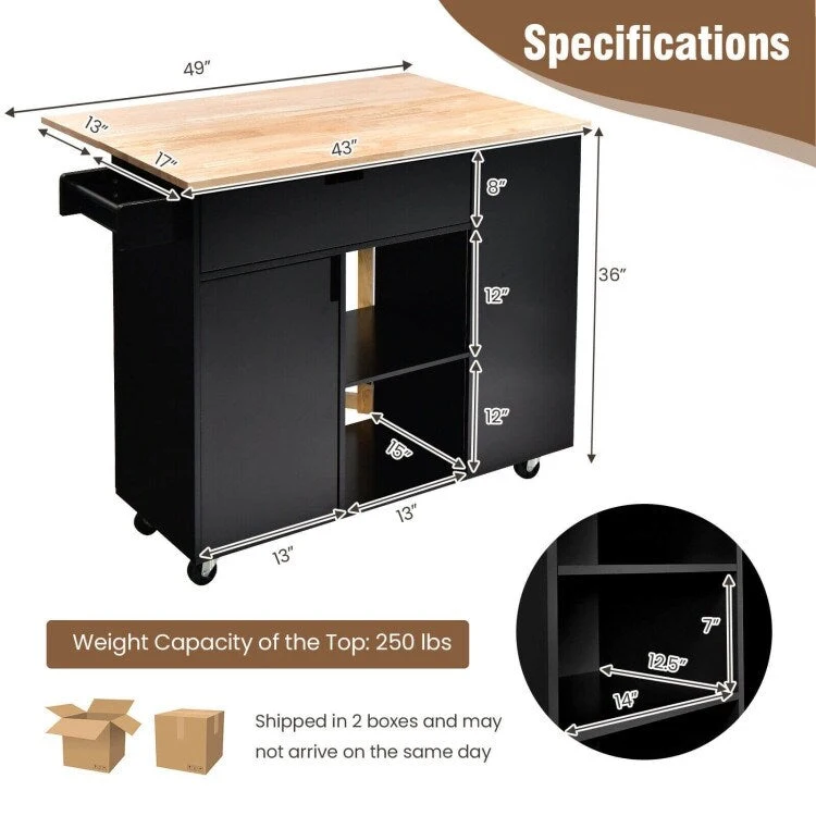 Drop-Leaf Kitchen Island with Rubber Wood Top - 49 x 30 x 36(L x W x H)