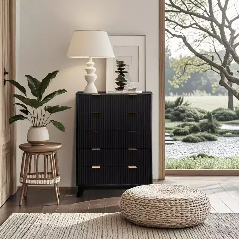 Black & Oak Fluted 5-Drawer Dresser – 48