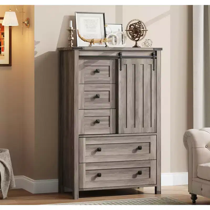 Farmhouse 5 Drawer Dresser for Bedroom, Wood Dresser Chest of Drawer with Sliding Barn Door, Adjustable Shelf, Storage Organizer for Bedroom