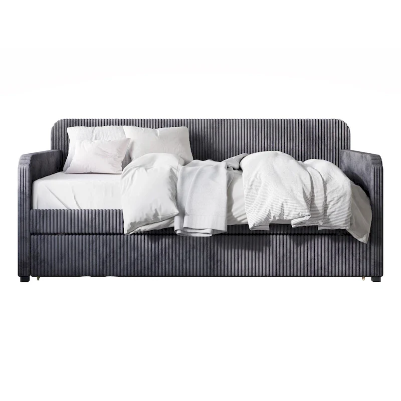 Twin Upholstered Daybed with Pull-Out Trundle, Velvet, Tufted, Gray, Blue or Black
