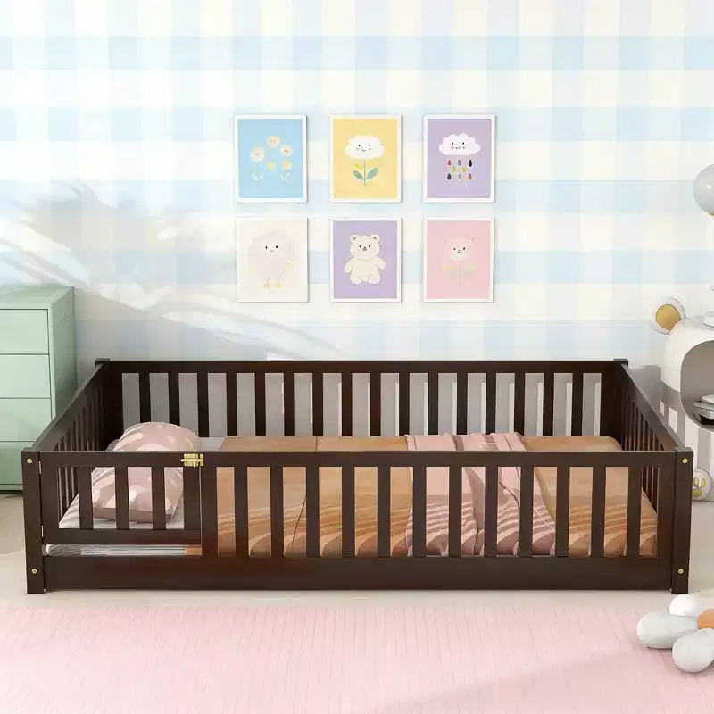 Luxystar Full Size Floor Bed with Fence and Door for Kids' Room