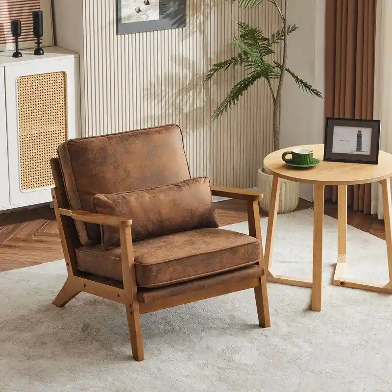 Upholstered Linen Blend Accent Chair with Wooden Legs and One Pillow Beige