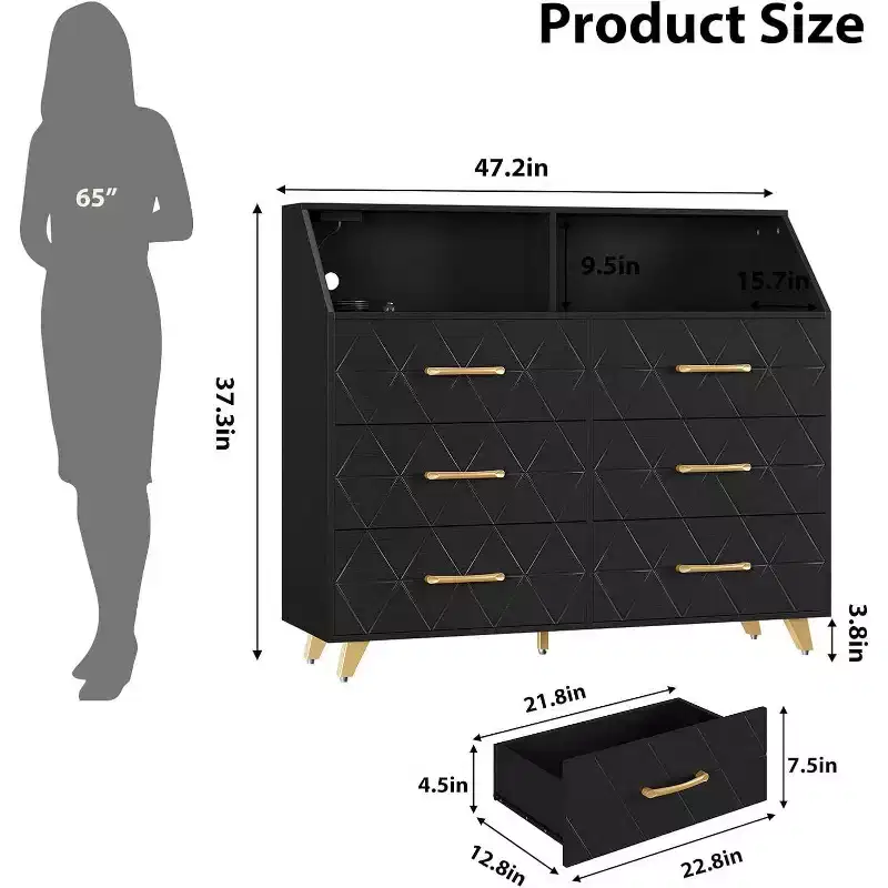 6-Drawer Dresser with Charging Station - Freestanding Storage Cabinet for Bedroom Living Room
