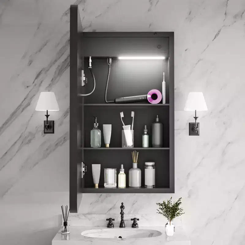 16 in. W x 28 in. H Rectangular Iron Medicine Cabinet with Mirror, Dimmable LED Light, Anti-Fog and Outlets - Fully Assembled