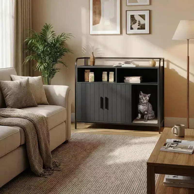 Cat Litter Box Enclosure, Multi-Functional Hidden Litter Cabinet with Barn Door, Ventilation Hole & Side Entry, Wooden for Indoor Cat
