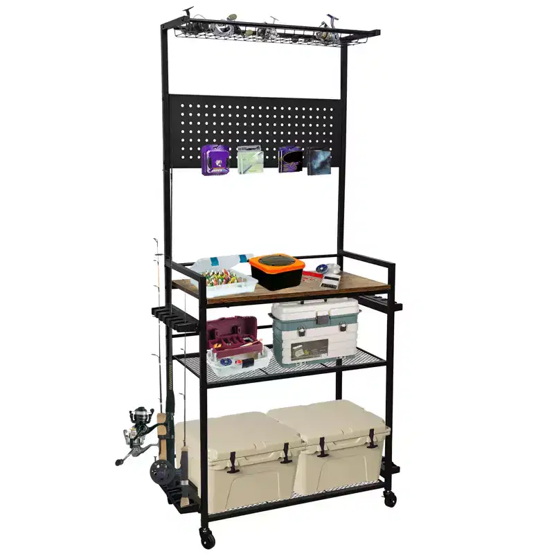 Fishing Rod Holders for Garage, 3-Tier Fishing Pole Rack Holds 12 Rods with Hooks & Pegboard, Gear Storage Organizer for Tackle Box Storage