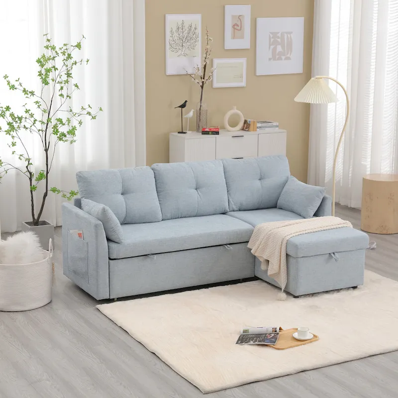 The U-shaped sofa can be turned into a recliner with a storage function
