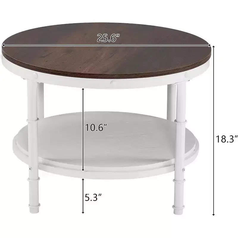 VINGLI 25.6 Rustic Oak White Round Farmhouse Coffee Table, 2-Tier Storage Wood Center Circle Accent Table for Living Room
