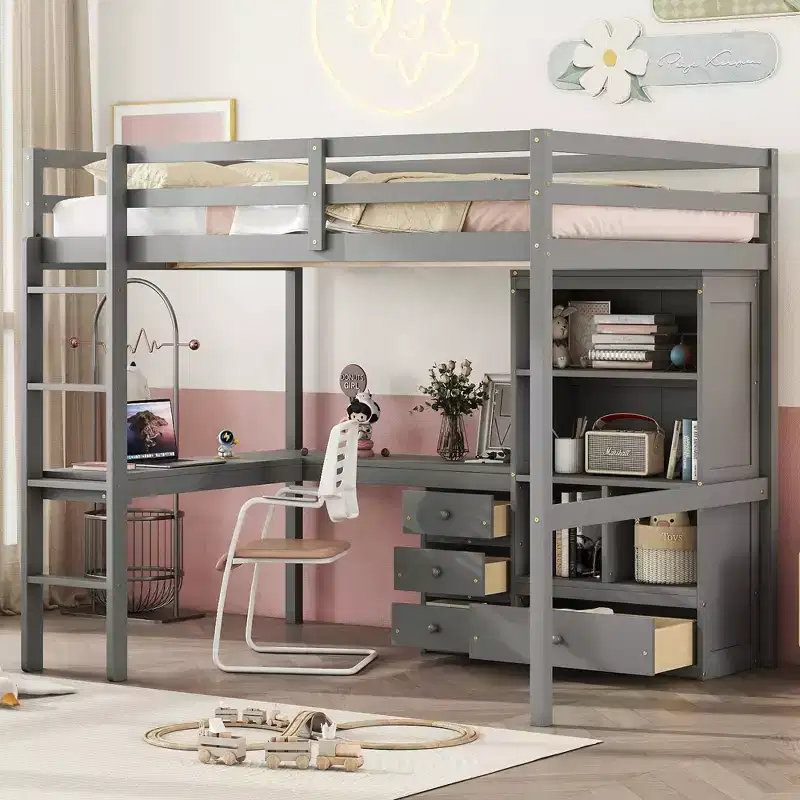 Bellemave Full Loft Bed with Desk, Storage Shelves and Drawers,Wood Loft Bed Frame with Guardrails and Built-in Ladder for Teens and Adults