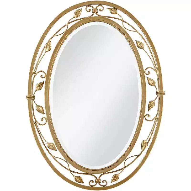Oval Vanity Wall Mirror Vintage French Beveled Glass Vine Flower Gold Metal Frame 24 Wide for Bathroom Home