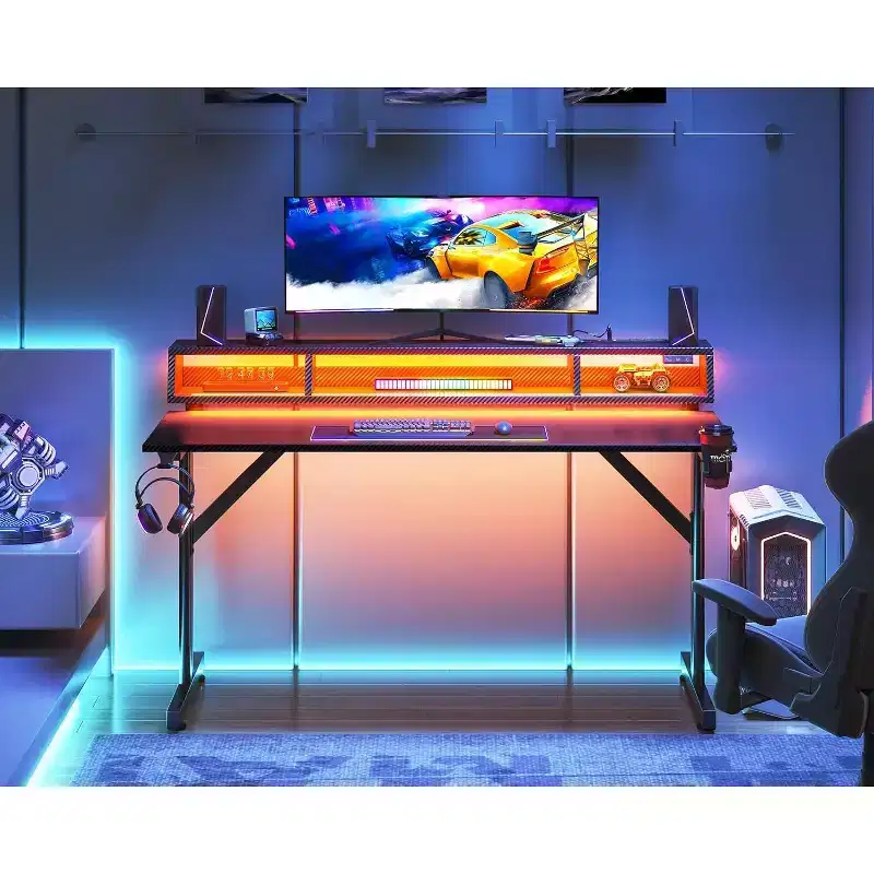 48 inch LED Gaming Desk with Power Outlets Small Computer Table Float Monitor Stand