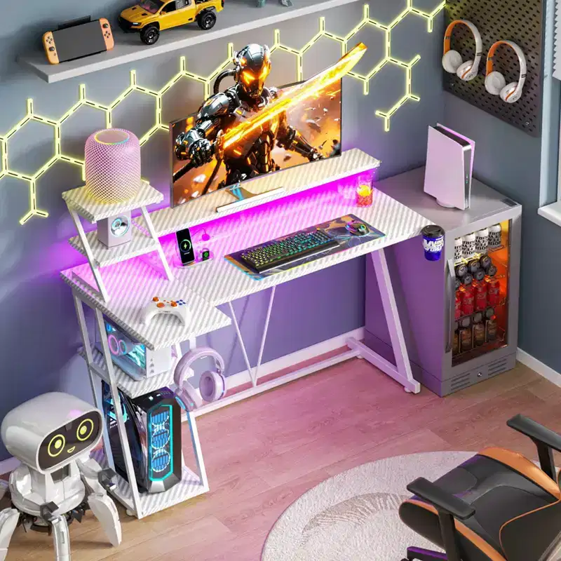 47 inch L Shaped Gaming Desk White Small Spaces Corner Computer Table with Monitor Stand Storage Shelves Gamer Desk for Bedrooms Teen PC Workstation