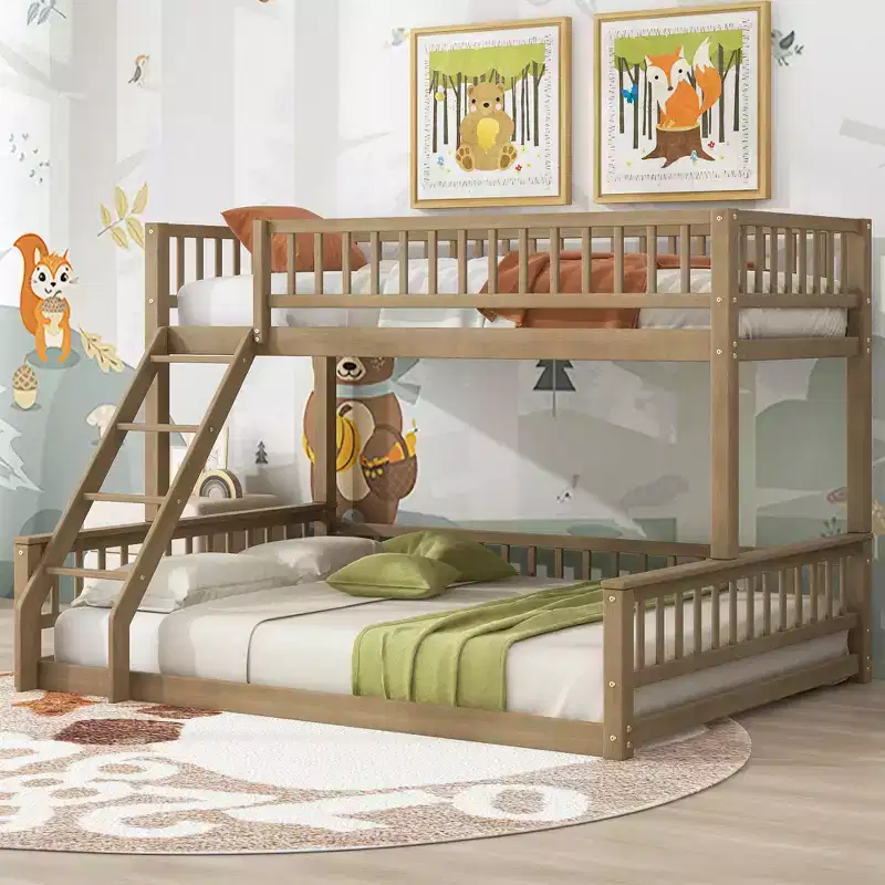 Twin XL Size Wood Bed With Guardrail, Ladder, Easy Assembly