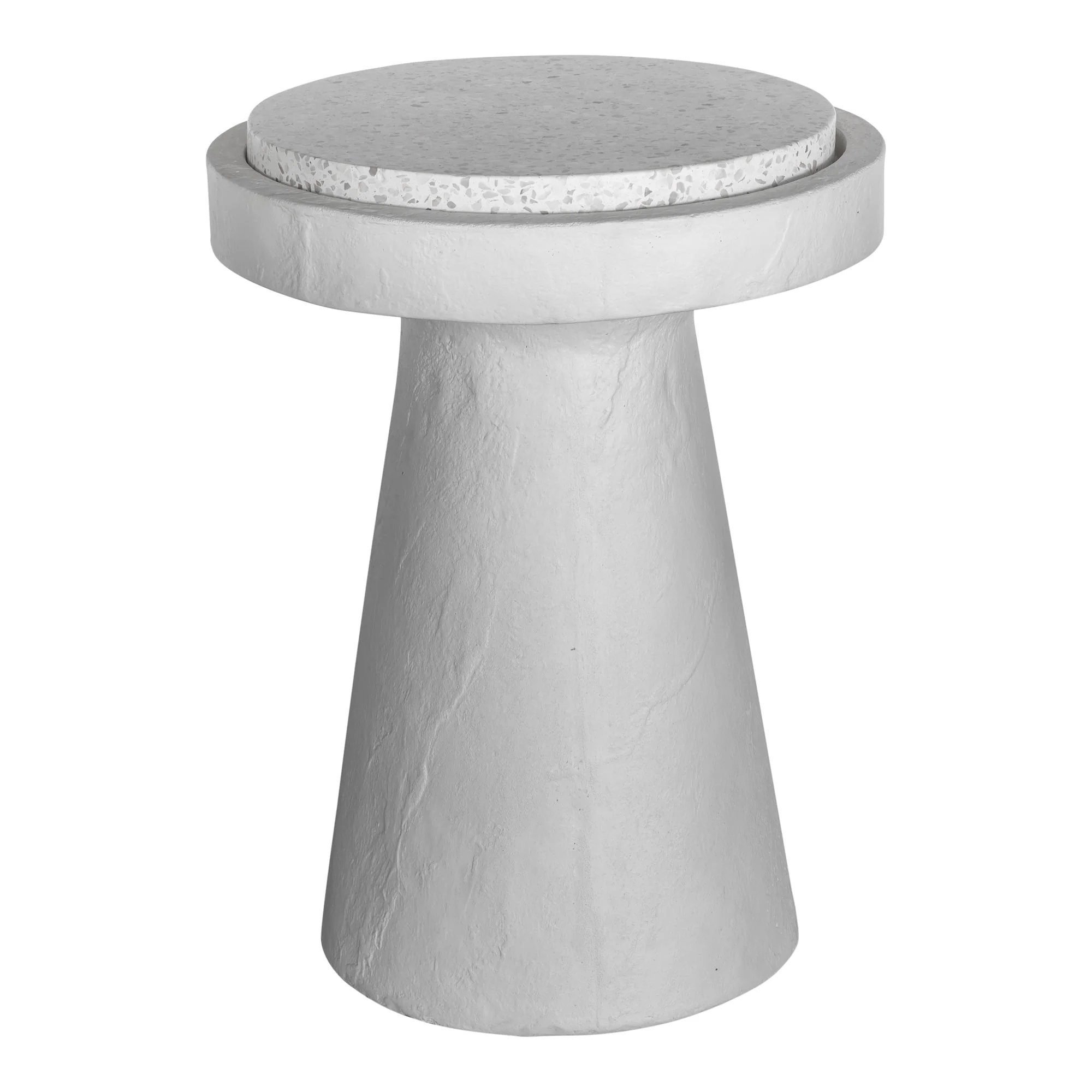 Industrial Terrazzo & Concrete Side Table with Round Flecked Top & Sculpted Base for Living Room