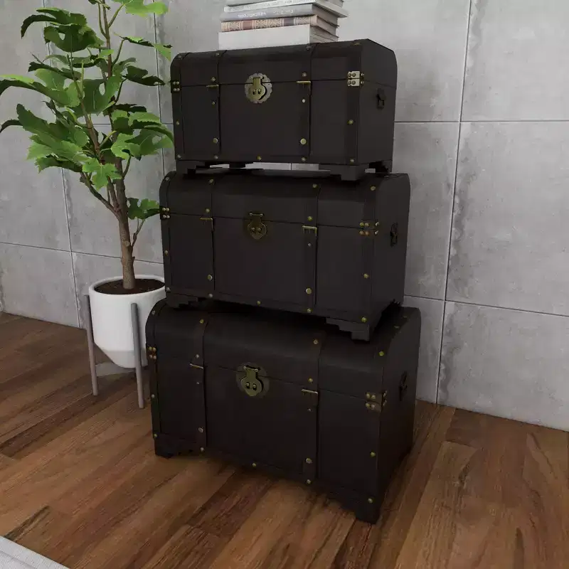 Set of 3 Decorative Storage Trunks – Dark Brown, Distressed Finish