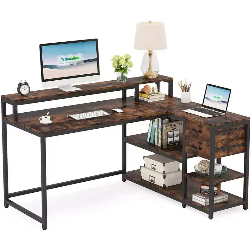 Reversible L-Shaped Computer Desk | Drawer, Monitor Stand & Storage Shelves